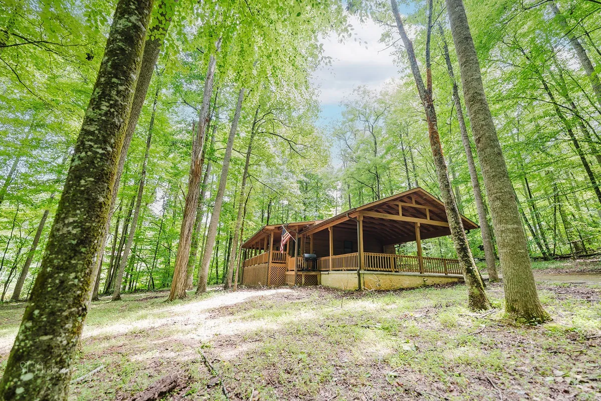 This image shows the wooden cabin nestled among tall trees, with a spacious deck area perfect for relaxing outdoors. The tranquil setting underlines the sense of peace and connection to the natural environment, ideal for enjoying quiet moments or family gatherings.